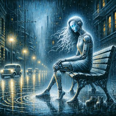 The primary subject of the image is a woman sitting on a bench in the rain. She is wearing a dress and has a mechanical or robotic appearance. The setting is a city street at night, with a few cars and a truck visible in the background. The visual style is a digital art or illustration, creating a moody and atmospheric scene. The colors are predominantly dark, with the woman's dress and the rain creating a sense of melancholy.